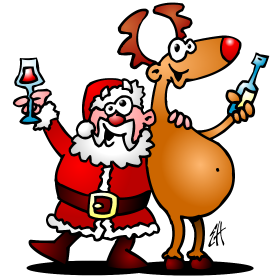 De kerstman en zijn rendieren drinken een drankje, full colour T-shirt design